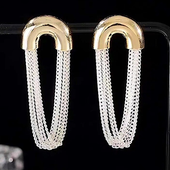 Gold Silver Chain Link Dangle Earrings Punk Retro Minimalist - Picture 3 of 10